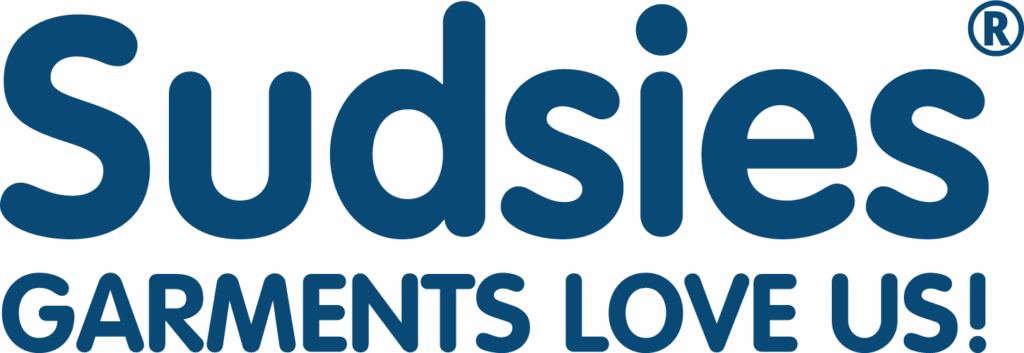 Sudsies® logo in bold navy-blue lowercase type with the tagline “Garments Love Us!” beneath it in all caps.