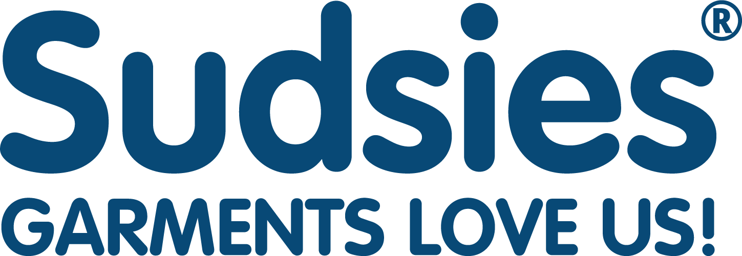 Sudsies® logo in bold navy-blue lowercase type with the tagline “Garments Love Us!” beneath it in all caps.