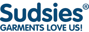 Sudsies® logo in bold navy-blue lowercase type with the tagline “Garments Love Us!” beneath it in all caps.